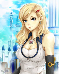 Rule 34 | 1girl, blonde hair, blue eyes, breasts, cleavage, detached sleeves, earrings, eden&#039;s zero, hair ornament, hairclip, highres, jewelry, large breasts, long hair, necklace, rebecca bluegarden, smile