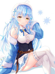 Rule 34 | 1girl, absurdres, ahoge, bare shoulders, beret, blouse, blue hair, blue jacket, blue skirt, blush, breasts, center frills, cleavage, closed mouth, commentary request, crossed legs, elf, frilled skirt, frilled thighhighs, frills, funii, hair between eyes, half updo, hand up, hat, heart, heart ahoge, highres, hololive, jacket, long hair, long sleeves, looking at viewer, medium breasts, multicolored hair, nail polish, off shoulder, open clothes, open jacket, pleated skirt, pointy ears, print jacket, print skirt, ribbon-trimmed legwear, ribbon trim, shirt, skirt, sleeveless, sleeveless shirt, sleeves past wrists, smile, snowflake print, snowflakes, solo, streaked hair, thighhighs, very long hair, virtual youtuber, white background, white hat, white shirt, white thighhighs, yellow eyes, yukihana lamy