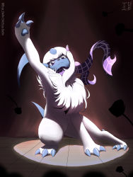 Rule 34 | :3, absol, absurdres, alternate eye color, animal focus, arm up, artist name, blurry, blurry foreground, claws, closed mouth, clothed pokemon, colored eyelashes, commission, creatures (company), curtains, dated, deviantart username, eryz, feather hair ornament, feathers, flower, fluffy, full body, game freak, gen 3 pokemon, hair ornament, happy, highres, looking at viewer, mega stone, nintendo, no humans, pawpads, plaid, plaid scarf, pokemon, pokemon (creature), purple eyes, purple scarf, rose, scarf, short hair, signature, smile, solo, spotlight, squatting, stage, twitter username, watermark, white hair