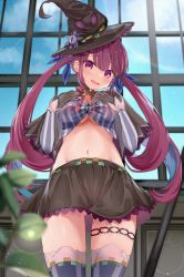 Rule 34 | 1girl, absurdres, breasts, cosplay, crop top, from below, gloves, hat, highres, hololive, large breasts, long hair, midriff, minato aqua, murasaki shion, murasaki shion (1st costume), murasaki shion (cosplay), navel, open mouth, pokeeeo o, purple eyes, purple hair, skirt, solo, thighhighs, twintails, virtual youtuber, window, witch hat, zettai ryouiki