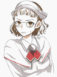 Rule 34 | 1girl, blunt bangs, brown eyes, brown hair, clenched teeth, commentary request, eyewear strap, glasses, hagioshi, highres, kantai collection, looking at viewer, pince-nez, roma (kancolle), shirt, short hair, simple background, solo, teeth, upper body, wavy hair, white background, white shirt