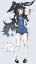 Rule 34 | 1girl, animal ears, arm behind back, bare arms, black footwear, black hair, blue hairband, blue shorts, carrot, commentary, covered navel, curly hair, frills, full body, grey background, grey eyes, hairband, highres, kneehighs, long hair, milka (milk4ppl), notice lines, original, overall shorts, overalls, parted lips, pigeon-toed, rabbit ears, shoes, shorts, siska (milka), socks, standing, white socks