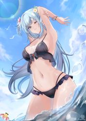 Rule 34 | 1girl, ;), alternate costume, arm behind head, armpits, arms behind head, arms up, azur lane, bad id, bad pixiv id, bare shoulders, bikini, bird, black bikini, blue hair, blue sky, blush, breasts, chick, cleavage, cloud, cloudy sky, collarbone, commentary request, eyes visible through hair, flower, frilled bikini, frills, hair flower, hair ornament, highres, in water, large breasts, lifebuoy, long hair, looking at viewer, manjuu (azur lane), medium breasts, midriff, navel, neptune (azur lane), nisokurui, ocean, one eye closed, red flower, revision, seagull, shell hair ornament, shiny skin, sidelocks, sky, smile, sunglasses, swim ring, swimsuit, thighs, twitter username, two side up, very long hair, wading, white flower, wind, yellow eyes