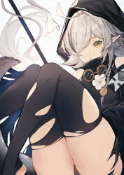 Rule 34 | 1girl, absurdres, ahoge, arknights, bare shoulders, black thighhighs, braid, commentary, crocodilian tail, fanshu, feet out of frame, flower, goggles, goggles around neck, highres, hood, huge filesize, knees up, short hair, silver hair, solo, tail, thighhighs, thighs, tomimi (arknights), torn clothes, torn thighhighs, white flower, yellow eyes