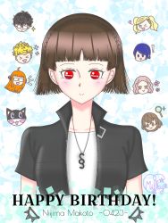 Rule 34 | 1girl, artist name, artist request, black vest, blush, braid, brown hair, collared vest, crown braid, female focus, highres, jewelry, looking at viewer, necklace, niijima makoto, parted lips, persona, persona 5, persona 5 scramble: the phantom strikers, red eyes, shirt, short hair, smile, solo, spiked knuckles, vest, white shirt
