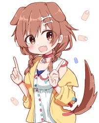 Rule 34 | 1girl, :d, animal collar, animal ears, blush, bone hair ornament, braid, brown eyes, brown hair, chibi, collar, dog ears, dog girl, dog tail, dress, extra ears, hair between eyes, hair ornament, hairclip, hololive, index fingers raised, inugami korone, inugami korone (1st costume), jacket, long hair, looking at viewer, low twin braids, low twintails, off shoulder, open clothes, open jacket, open mouth, rabiiandrain, red collar, short dress, single bare shoulder, sleeveless, sleeveless dress, smile, solo, tail, twin braids, twintails, virtual youtuber, white background, white dress, yellow jacket