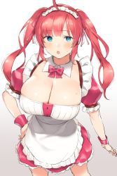 Rule 34 | 1girl, ahoge, apron, azur lane, blue eyes, blush, breasts, bursting breasts, cleavage, commentary request, detached collar, dress, frilled apron, frills, hair ribbon, highres, huge breasts, long hair, looking at viewer, maid, maid headdress, nekoshoko, open mouth, pink dress, puffy sleeves, red hair, red ribbon, ribbon, san diego (azur lane), short sleeves, solo, standing, sweat, twintails, waist apron, white apron, wrist cuffs