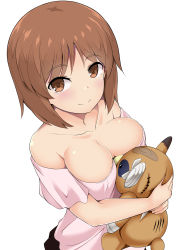 Rule 34 | 1girl, bandages, bandaid, bare shoulders, blush, boko (girls und panzer), breasts, brown eyes, brown hair, casual, cleavage, closed mouth, collarbone, commentary, girls und panzer, highres, holding, holding stuffed toy, kuku123, looking at viewer, medium breasts, nishizumi miho, hugging object, off-shoulder shirt, off shoulder, pink shirt, shirt, short hair, short sleeves, simple background, smile, solo, stuffed animal, stuffed toy, teddy bear, upper body, white background