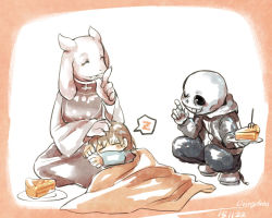 Rule 34 | 1boy, 1girl, ^ ^, ^o^, androgynous, artist name, blanket, brown hair, cake, cake slice, closed eyes, cross, cross necklace, dated, fangs, finger to mouth, food, fork, frisk (undertale), furry, holding, holding food, hood, hooded jacket, hoodie, horns, jacket, jewelry, lap pillow, livingdead, monster girl, necklace, on lap, one eye closed, pie, plate, robe, sans (undertale), seiza, shorts, shushing, simple background, sitting, skeleton, sleeping, sleeping on person, spoken zzz, squatting, teeth, toriel, undertale, white background, zzz