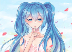 Rule 34 | 1girl, absurdly long hair, aqua eyes, aqua hair, artist name, artist request, bare shoulders, blue eyes, blue hair, blue sky, cloud, collarbone, cross-laced clothes, dress, female focus, hatsune miku, kuurimuart, long hair, outdoors, parted lips, petals, pink detached collar, pink dress, red petals, sky, smile, solo, twintails, very long hair, vocaloid