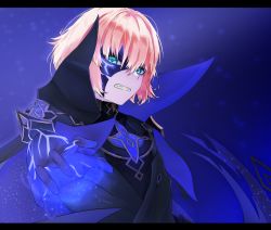 Rule 34 | 1boy, armor, bad id, bad pixiv id, black cape, black gloves, blonde hair, blue background, blue eyes, blue theme, cape, commentary, dainsleif (genshin impact), diamond-shaped pupils, diamond (shape), english commentary, galaxy, genshin impact, gloves, grimace, hair between eyes, half mask, high collar, highres, letterboxed, looking at viewer, male focus, mask, purple cape, space, star (sky), symbol-shaped pupils, teeth, two-sided fabric, upper body, user vscj3727