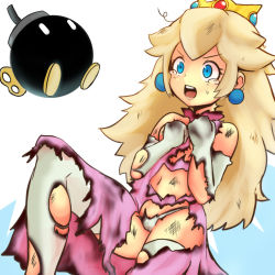 Rule 34 | 1girl, blonde hair, blue eyes, bob-omb, breasts, constricted pupils, covering privates, covering breasts, crown, dirty, dress, earrings, elbow gloves, eyebrows, female focus, frown, gloves, hands up, jewelry, leaning back, leg up, long hair, mario (series), nintendo, open mouth, panties, pink dress, princess, princess peach, sidelocks, simple background, small breasts, solo focus, standing, standing on one leg, staring, stomach, super mario bros. 1, tears, teeth, tenteco (covamin), thighhighs, torn clothes, torn dress, torn gloves, torn legwear, torn panties, underwear, white gloves, white panties, white thighhighs