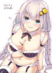 Rule 34 | 1girl, bare shoulders, between breasts, black bra, black panties, black thighhighs, blue eyes, blush, bra, braid, breasts, cleavage, commentary request, detached collar, food, hair ornament, highres, kizuna akari, large breasts, licking lips, lips, looking at viewer, maid, mole, mole on breast, navel, panties, pocky, shun (b.c), silver hair, simple background, sitting, solo, striped bra, striped clothes, striped thighhighs, thighhighs, tongue, tongue out, twin braids, underwear, underwear only, voiceroid, white background, wrist cuffs