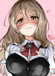 Rule 34 | 1girl, blush, bow, bowtie, breasts, brown eyes, brown hair, closed mouth, dated, hair between eyes, kantai collection, large breasts, long hair, looking at viewer, pink background, pola (kancolle), red bow, red bowtie, signature, simple background, solo, upper body, usami (50-point caliper), wavy hair