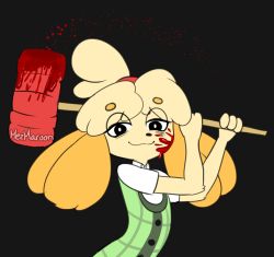Rule 34 | 1girl, :3, animal crossing, animal ears, arms up, artist name, black background, black eyes, blonde hair, blood, blood on face, closed mouth, dog ears, dog girl, female focus, flat chest, furry, furry female, green vest, hair tie, half-closed eyes, hammer, highres, holding, holding weapon, isabelle (animal crossing), jpeg artifacts, looking at viewer, mezmaroon, nintendo, plaid, plaid vest, shirt, short hair, short sleeves, signature, simple background, smile, solo, super smash bros., topknot, upper body, vest, weapon, white shirt, yandere