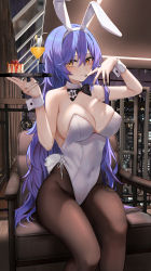Rule 34 | 1girl, absurdres, alternate costume, animal ears, bare shoulders, black bow, black bowtie, black nails, black pantyhose, blue hair, bow, bowtie, breasts, brown pantyhose, cake, chair, cleavage, closed mouth, commission, covered navel, cup, detached collar, drinking glass, fake animal ears, food, girls&#039; frontline, hair between eyes, hands up, highres, holding, holding tray, large breasts, leotard, long hair, looking at viewer, nail polish, pantyhose, pixiv commission, playboy bunny, rabbit ears, ru zhai, sitting, skindentation, smile, solo, strapless, strapless leotard, tar-21 (girls&#039; frontline), tar-21 (night at the bar) (girls&#039; frontline), tray, very long hair, white leotard, wrist cuffs, yellow eyes