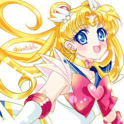 Rule 34 | 1girl, artist name, bishoujo senshi sailor moon, blonde hair, blue eyes, blue sailor collar, brooch, choker, circlet, crescent, crescent earrings, double bun, earrings, elbow gloves, gloves, hair ornament, heart, heart brooch, jewelry, lowres, pleated skirt, sailor collar, sailor moon, shirataki kaiseki, skirt, solo, super sailor moon, tsukino usagi, twintails, upper body, white gloves