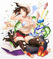 Rule 34 | 2girls, anger vein, atelier (series), atelier ryza, atelier ryza 1, belt, blonde hair, blue skirt, blush, book, boots, breasts, brown belt, brown eyes, brown hair, brown hairband, cauldron, cleavage, commentary request, dynamite, explosion, explosive, firecrackers, flask, gloves, gradient background, hairband, highres, jewelry, klaudia valentz, large breasts, leather, leather belt, leather gloves, long hair, multiple girls, necklace, obaoba (monkeyix), one eye closed, pantyhose, red shorts, reisalin stout, round-bottom flask, shirt, short hair, short shorts, shorts, simple background, skirt, smile, star (symbol), star necklace, thighhighs, toeless footwear, tongue, tongue out, torn clothes, white background, white headwear, white shirt