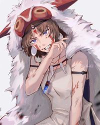 Rule 34 | 1girl, arm belt, artist name, blood, brown hair, clenched teeth, clivenzu, commentary, earrings, english commentary, facial mark, fake horns, forehead mark, hand up, hat, head tilt, highres, horned headwear, horns, jewelry, looking at viewer, mononoke hime, necklace, pelt, purple eyes, robe, san (mononoke hime), solo, teeth, tooth necklace, upper body, wiping face