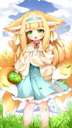 Rule 34 | 1girl, absurdres, animal ear fluff, animal ears, aqua hairband, aqua skirt, arknights, basket, blonde hair, blue sky, blush, cardigan, chinese commentary, commentary request, fang, feet out of frame, fox ears, fox girl, fox tail, frilled hairband, frills, grass, green eyes, hair ornament, hair scrunchie, hairband, high-waist skirt, highres, kitsune, kyuubi, long sleeves, looking at viewer, multicolored hair, multiple tails, neck ribbon, official alternate costume, open cardigan, open clothes, open mouth, outdoors, puffy long sleeves, puffy sleeves, red ribbon, ribbon, scrunchie, shirt, skirt, sky, solo, standing, suzuran (arknights), suzuran (spring praise) (arknights), tail, two-tone hair, white hair, white shirt, xiaomeizhao, yellow cardigan