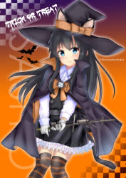 Rule 34 | 1girl, absurdres, animal ears, asashio (kancolle), black dress, black hair, black hat, black thighhighs, blue eyes, bow, cat ears, cat tail, cloak, collared shirt, dress, feet out of frame, gloves, halloween, hat, hat bow, highres, himura moritaka, kantai collection, long hair, long sleeves, orange thighhighs, pinafore dress, searchlight, shirt, sleeveless, sleeveless dress, smile, solo, striped clothes, striped thighhighs, tail, thighhighs, twitter username, white gloves, white shirt, witch hat