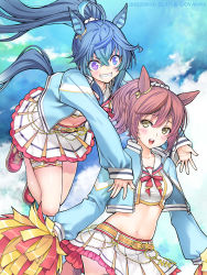 Rule 34 | 2girls, @ @, ahoge, alternate hairstyle, animal ears, artist name, belly chain, belt, blue hair, blue jacket, blue sky, brown hair, cheerleader, circle name, cloud, cloudy sky, commentary, cosplay, dated, day, frilled skirt, frills, grin, hair ornament, hair ribbon, hair scrunchie, hasumi elan, heterochromia, holding, holding pom poms, horse ears, horse girl, horse tail, hug, hug from behind, jacket, jewelry, jumping, leaning forward, long hair, long sleeves, looking at another, looking back, medium hair, midriff, miniskirt, multiple girls, navel, neck ribbon, nice nature (run&amp;win) (umamusume), nice nature (umamusume), nice nature (umamusume) (cosplay), official alternate costume, open clothes, open jacket, open mouth, outdoors, pleated skirt, pom pom (cheerleading), pom poms, ponytail, purple eyes, red footwear, red ribbon, ribbon, sailor collar, scrunchie, sharp teeth, shirt, shoes, skirt, sky, smile, standing, tail, teeth, thigh strap, track jacket, twin turbo (umamusume), umamusume, very long hair, white sailor collar, white scrunchie, white shirt, white skirt, yellow belt, yellow eyes