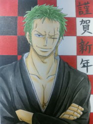Rule 34 | 1boy, alternate costume, green hair, japanese clothes, male focus, one-eyed, one piece, rascal (fc3srx-75480), roronoa zoro, scar, solo