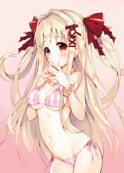 Rule 34 | 1girl, bikini, blonde hair, blush, bow, breasts, character request, cleavage, cowboy shot, flower, flower bracelet, flower necklace, gradient background, hair bow, hair intakes, hair ribbon, jewelry, leaning forward, leoria (red corruption), light smile, long hair, meito (maze), nail polish, necklace, own hands together, pink background, red corruption, red eyes, ribbon, side-tie bikini bottom, simple background, solo, string bikini, striped bikini, striped clothes, swimsuit, tress ribbon, two side up, vertical-striped bikini, vertical-striped clothes, very long hair