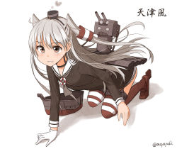 Rule 34 | 10s, 1girl, amatsukaze (kancolle), brown eyes, character name, dress, garter straps, kantai collection, long hair, mashayuki, personification, rensouhou-kun, sailor dress, school uniform, serafuku, short dress, silver hair, solo, striped clothes, striped thighhighs, thighhighs, twintails, twitter username, two side up