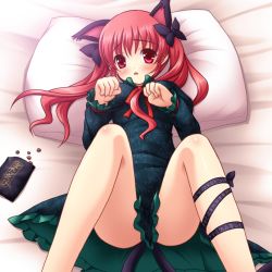 Rule 34 | 1girl, alternate hairstyle, animal ears, blush, cat ears, cat girl, cat tail, catnip, convenient censoring, dress, extra ears, female focus, hair ribbon, kaenbyou rin, long hair, lying, matatabi, multiple tails, on back, paw pose, pillow, red eyes, red hair, ribbon, sexually suggestive, solo, sweat, tail, touhou, twintails, yamasan