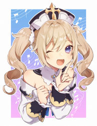 Rule 34 | 1girl, ;d, barbara (genshin impact), blonde hair, blue eyes, blush, bow, bowtie, breasts, cleavage, cropped torso, detached collar, dress, drill hair, face, genshin impact, hair ornament, hat, highres, idol, index finger raised, long sleeves, looking at viewer, musical note, one eye closed, open mouth, shimi to ufu, smile, solo, twin drills, twintails, white dress