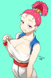 Rule 34 | 1girl, :3, artist name, bare shoulders, blue background, breasts, cleavage, dated, dragon quest, dragon quest iii, earrings, forehead, jewelry, large breasts, looking at viewer, merchant (dq3), mole, mole on breast, mole under mouth, pink hair, ponytail, purple eyes, simple background, sleeveless, solo, tsukudani (coke-buta)