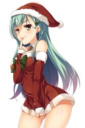 Rule 34 | 10s, 1girl, :p, alternate costume, aqua eyes, aqua hair, aria (koiiroharemoyou), arm warmers, ascot, bare legs, bare shoulders, between breasts, blush, breasts, christmas, christmas tree hair ornament, cleavage, detached collar, detached sleeves, dress, female focus, gluteal fold, green eyes, hair ornament, hairclip, hat, kantai collection, large breasts, legs, long hair, looking at viewer, naughty face, necktie, santa costume, santa hat, school uniform, smile, solo, strapless, strapless dress, suzuya (kancolle), tongue, tongue out