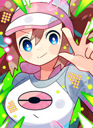 Rule 34 | 1girl, anidler91, blue eyes, breasts, bright pupils, brown hair, closed mouth, commentary request, creatures (company), dot nose, double bun, doughnut hair bun, game freak, green background, hair bun, hat, highres, large breasts, long hair, looking at viewer, nintendo, poke ball print, pokemon, pokemon bw2, rosa (pokemon), smile, solo, twintails, v-shaped eyebrows, visor cap, w, white hat, white pupils