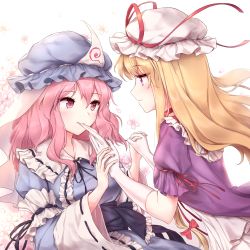 Rule 34 | 2girls, arm garter, arm ribbon, black neckwear, black ribbon, blonde hair, blue headwear, blue sash, blush, bow, breasts, choker, commentary, dress, eye contact, flower, from side, gloves, hair between eyes, hair bow, hat, hat ribbon, holding hands, interlocked fingers, juliet sleeves, large breasts, long hair, long sleeves, looking at another, minust, mob cap, mouth hold, multiple girls, pink eyes, pink flower, pink hair, profile, puffy short sleeves, puffy sleeves, purple dress, purple eyes, red bow, red choker, red ribbon, ribbon, ribbon-trimmed sleeves, ribbon trim, saigyouji yuyuko, sash, short sleeves, sidelocks, simple background, touhou, triangular headpiece, upper body, veil, white background, white gloves, white headwear, wide sleeves, yakumo yukari, yuri