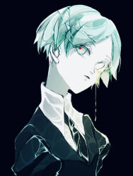 Rule 34 | 1other, androgynous, aqua eyes, aqua hair, black background, black shirt, broken, collared shirt, colored skin, crack, crystal hair, gem, gem uniform (houseki no kuni), gold, head tilt, high collar, highres, hollow eyes, houseki no kuni, leaking, liquid, looking up, molten metal, necktie, no pupils, open mouth, other focus, parted bangs, parted lips, phosphophyllite, puffy short sleeves, puffy sleeves, red pupils, shirt, short hair, short sleeves, simple background, solo, user rcnj5772, white eyes, white shirt, white skin, wing collar