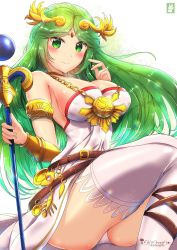 Rule 34 | 1girl, ancient greek clothes, belt, bracelet, breasts, chinchongcha, cleavage, dress, female focus, forehead jewel, greco-roman clothes, green eyes, green hair, highres, holding, holding staff, jewelry, kid icarus, kid icarus uprising, large breasts, long hair, looking at viewer, matching hair/eyes, nintendo, palutena, panties, pendant choker, single thighhigh, sitting, smile, staff, strapless, strapless dress, thighhighs, tiara, underwear, very long hair, white thighhighs