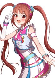 Rule 34 | 1girl, absurdres, akatsuki (artakatuki), armband, blue bracelet, blush, breasts, brown eyes, brown hair, dot nose, double v, dress, elbow gloves, frilled dress, frills, from side, gloves, hair ornament, hairband, hand up, highres, idolmaster, idolmaster million live!, idolmaster million live! theater days, long hair, looking at viewer, matsuda arisa, medium breasts, multicolored clothes, multicolored dress, multiple bracelets, necktie, open mouth, pink hairband, pink necktie, red bracelet, simple background, single elbow glove, sleeveless, sleeveless dress, smile, solo, standing, star (symbol), star hair ornament, twintails, v, v-shaped eyebrows, white armband, white background, white gloves
