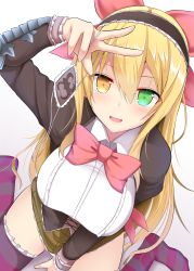 Rule 34 | 1girl, blonde hair, bow, eyepatch, flower knight girl, from above, green eyes, green skirt, hair bow, hairband, heterochromia, ivy (flower knight girl), long hair, looking at viewer, print eyepatch, purple thighhighs, red bow, sitting, skirt, smile, solo, striped clothes, striped thighhighs, takeyuu, thighhighs, unworn eyepatch, v, wariza, white background, yellow eyes