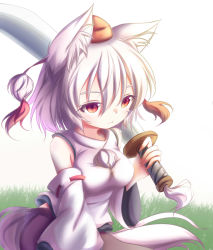 Rule 34 | 1girl, :/, animal ears, armpit crease, black skirt, breasts, carrying over shoulder, detached sleeves, dior-zi, expressionless, grass, hair between eyes, hand on hilt, hat, high collar, highres, impossible clothes, impossible shirt, inubashiri momiji, looking away, medium breasts, on grass, on ground, outdoors, red eyes, shirt, short hair, simple background, sitting, skirt, solo, sword, tail, thick eyebrows, tokin hat, touhou, upper body, vest, weapon, white background, white hair, white vest, wolf ears, wolf tail