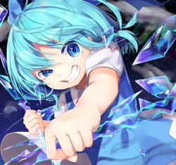 Rule 34 | 1girl, absurdres, blue dress, blue eyes, blue hair, blue nails, bow, cirno, clenched hands, clenched teeth, close-up, cloud, commentary request, cryokinesis, crystal sword, dated, dress, grin, gunjou row, hair between eyes, hair bow, head tilt, highres, holding, holding weapon, ice, looking at viewer, nail polish, outstretched arm, pinafore dress, puffy short sleeves, puffy sleeves, reverse grip, shirt, short hair, short sleeves, signature, sky, sleeveless, sleeveless dress, smile, solo, star (sky), starry sky, sword, teeth, thick eyebrows, touhou, uneven eyes, upper body, weapon, white shirt