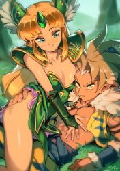 Rule 34 | 1boy, 1girl, armor, ass grab, blonde hair, breasts, bridal gauntlets, cleavage, hand on own chest, kevin (seiken densetsu 3), looking at viewer, lying, on back, optionaltypo, pointy ears, revision, riesz, seiken densetsu, seiken densetsu 3, shoulder armor, smile, square enix, winged hair ornament