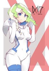 Rule 34 | 1girl, blue eyes, bodysuit, braid, breasts, character name, cosplay, covered navel, cowboy shot, darling in the franxx, diana cavendish, hands up, hys-d, light green hair, little witch academia, long hair, looking at viewer, medium breasts, multicolored hair, pilot suit, solo, sweatdrop, two-tone hair, white bodysuit