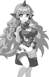 Rule 34 | 1girl, :d, breasts, collared shirt, commentary request, cowboy shot, curly hair, dog girl, dog tail, greyscale, hands up, horns, komano aunn, leg up, long hair, looking at viewer, medium breasts, monochrome, onkn sxkn, open mouth, pointy ears, shirt, short sleeves, shorts, simple background, single horn, smile, solo, tail, touhou, white background