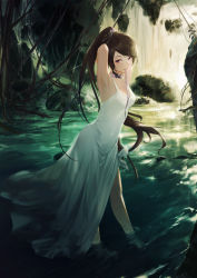 Rule 34 | 1girl, absurdres, arms behind head, dress, highres, hua jianghu zhi bei mo ting, ponytail, river, si kongqi (hua jianghu zhi bei mo ting), si kongqi zhuye, string, string in mouth, water, waterfall, weibo watermark, white dress