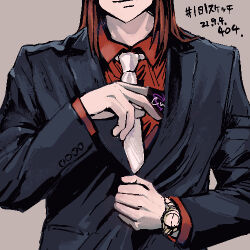 Rule 34 | 1boy, black jacket, brown background, business card, card, closed mouth, collared shirt, commentary request, dated, formal, head out of frame, holding, holding card, ichijou seiya, jacket, kaiji, long hair, long sleeves, lowres, male focus, necktie, red hair, red shirt, shirt, simple background, smile, solo, suit, unknown03162, upper body, watch, white necktie, wristwatch