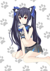 Rule 34 | animal ears, bare shoulders, belt, black hair, breasts, cat, cat ears, cat girl, cat tail, crop top, highres, long hair, magatsureinami, medium) breasts, midriff, navel, necko, neptune (series), noire (neptunia), red eyes, ribbon, skirt, sports bra, stomach, tail, thighs, tongue, tsundere, twintails, very long hair, vest