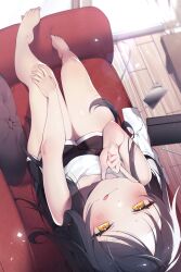 Rule 34 | 1girl, absurdres, barefoot, black hair, character request, copyright request, couch, feet, hand on own face, highres, long hair, looking at viewer, on couch, orange eyes, phone, pillow, sen light, shirt, short shorts, shorts, sitting, smile, solo, stylus, table, tablet pc, thighs, very long hair, white shirt