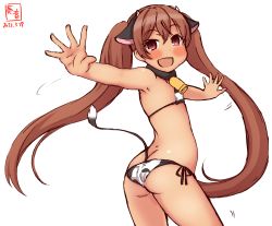 Rule 34 | anal tail, animal ears, animal print, artist logo, ass, bikini, brown eyes, brown hair, butt crack, commentary request, cow ears, cow horns, cow print, cow tail, cowboy shot, dated, fake tail, flat chest, from behind, highres, horns, kanon (kurogane knights), kantai collection, libeccio (kancolle), long hair, looking at viewer, looking back, one-hour drawing challenge, side-tie bikini bottom, simple background, solo, standing, swimsuit, tail, tan, thighhighs, twintails, waving, white background, white bikini, white thighhighs