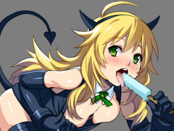 Rule 34 | 1girl, ahoge, bare shoulders, bent over, blonde hair, blush, breasts, cleavage, clothes pull, demon tail, downblouse, elbow gloves, food, fujimon, gloves, green eyes, horns, hoshii miki, idolmaster, idolmaster (classic), long hair, looking at viewer, medium breasts, messy hair, open mouth, popsicle, saliva, sexually suggestive, shirt pull, simple background, solo, tail, thighhighs, tongue